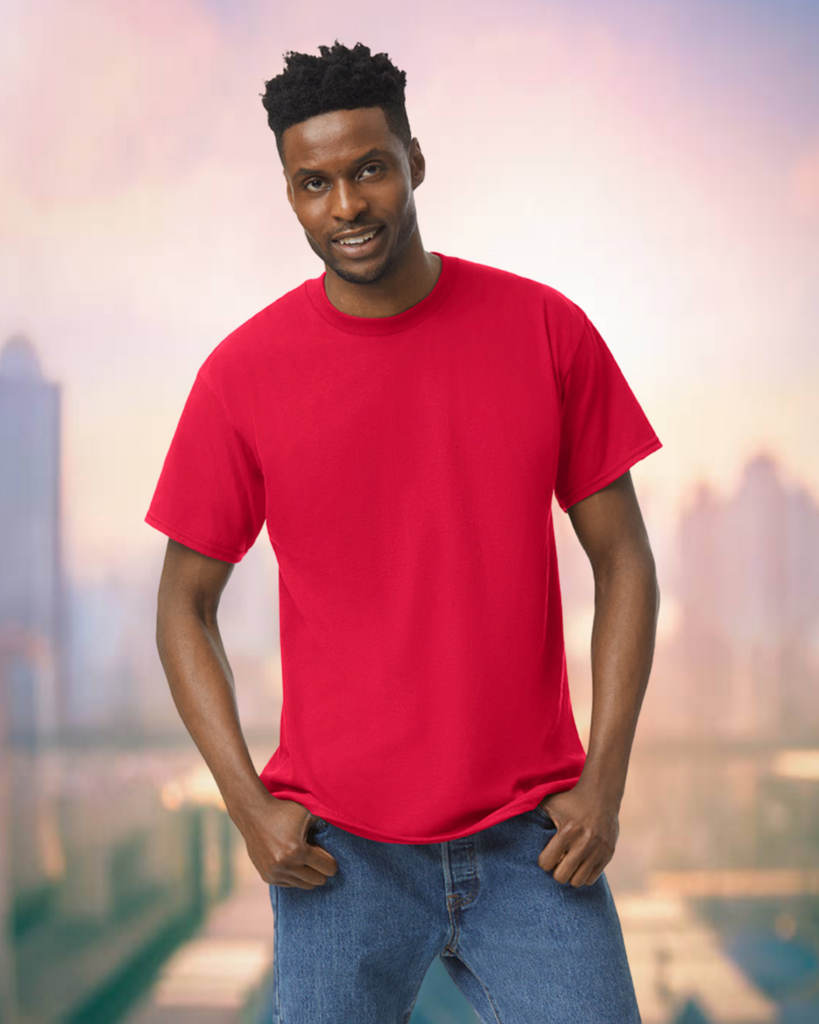 Gildan T-shirt Uomo Manica Corta Senza Cuciture - Cotone Prelavato, Colore Indaco/Rosso, XX-Large